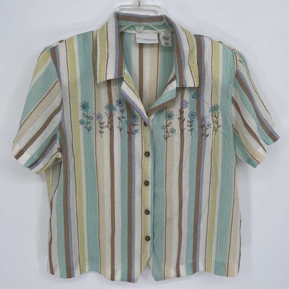 Alfred Dunner Women's Multicolor Striped Floral Embroidered Button Shirt Size 12